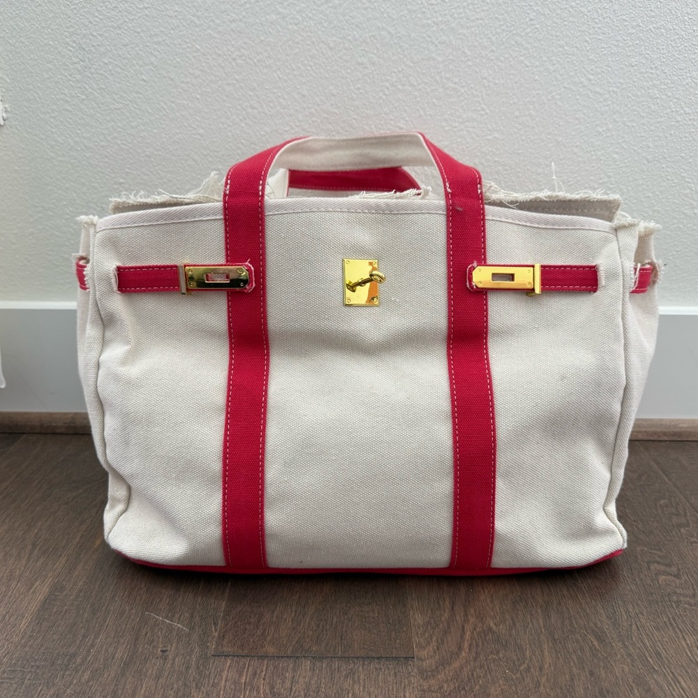 “Boatkin” Canvas Tote Bag with Red Straps